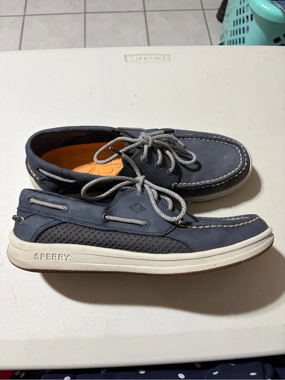 Sperry Navy Boat Shoes with Gray Braided Laces and Orange Insoles
